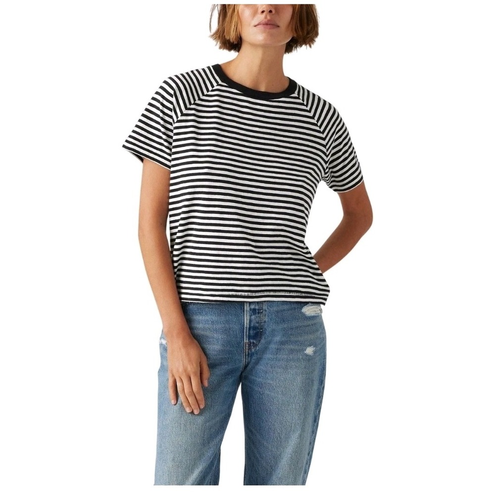 LEVI'S Striped‎ Raglan T-Shirt Black White Cotton Blend Top NWT Game Day Tee XS
